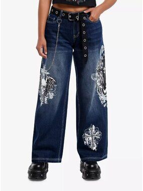 HOT TOPIC Skull & Gothic Cross Dark Wash Stretch Denim Wide Leg Jeans, Size 3